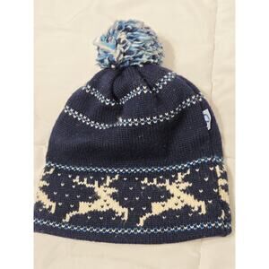 Vtg 70's CB Sports Reindeer Knit Wool Winter Gear Hat Ski Beanie Blue Pom Pom L
